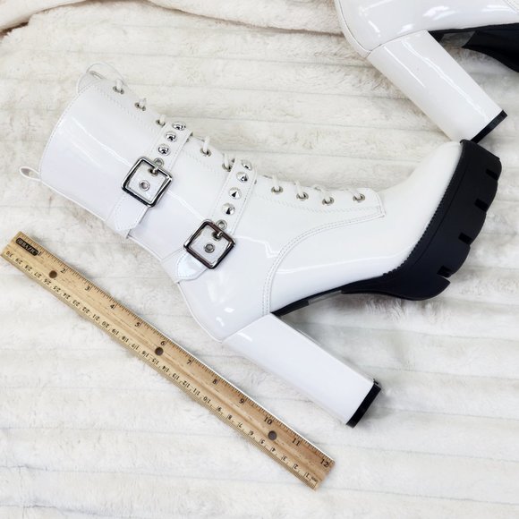 Bright White Patent Lug Sole Studded Strap Ankle Boots Temptress - Picture 9 of 12